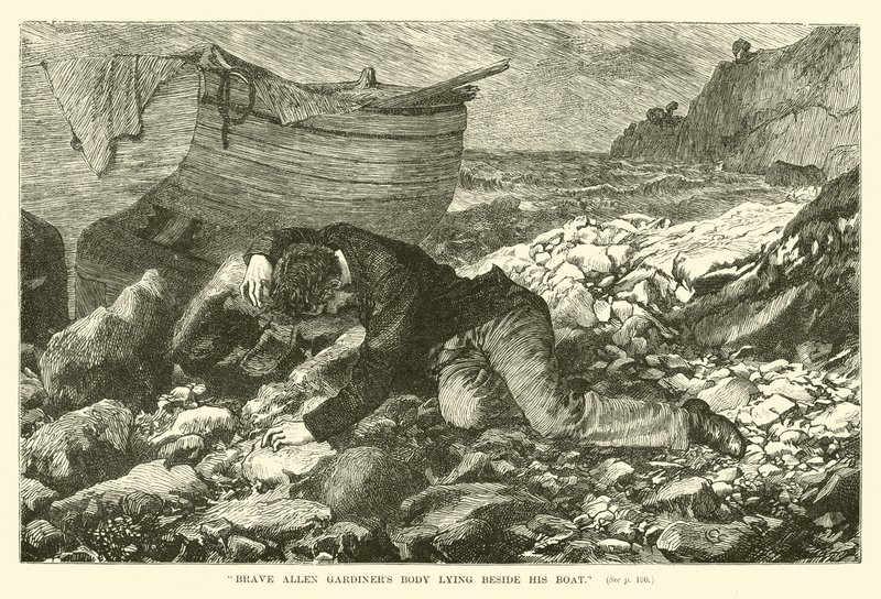 El cuerpo valiente de Allen Gardiner junto a su bote de English School