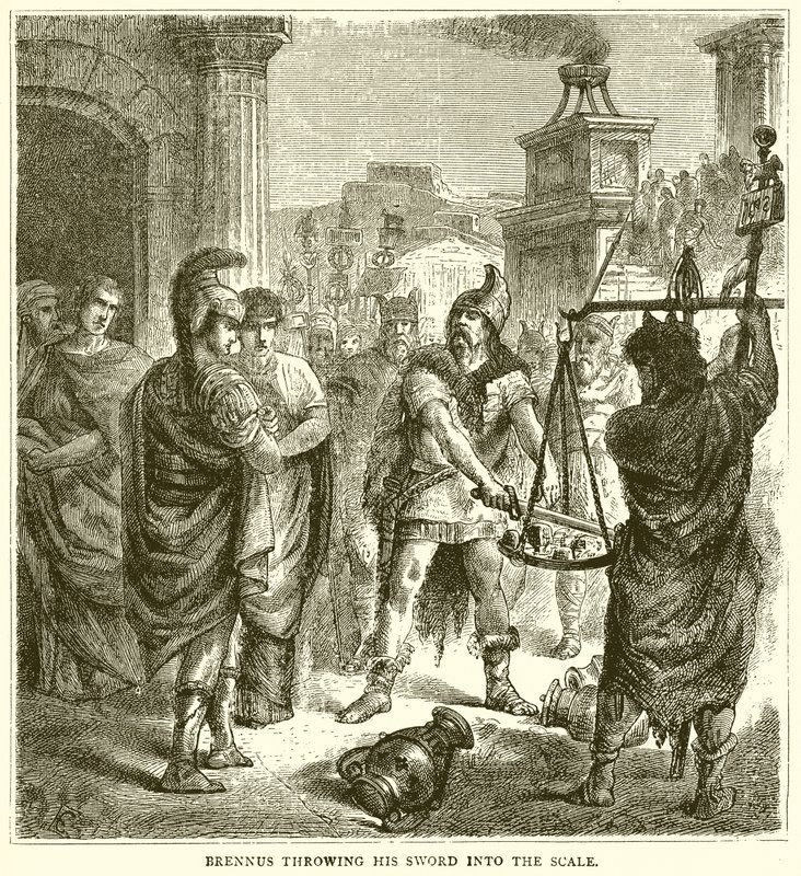 Brenno arrojando su espada a la balanza de English School