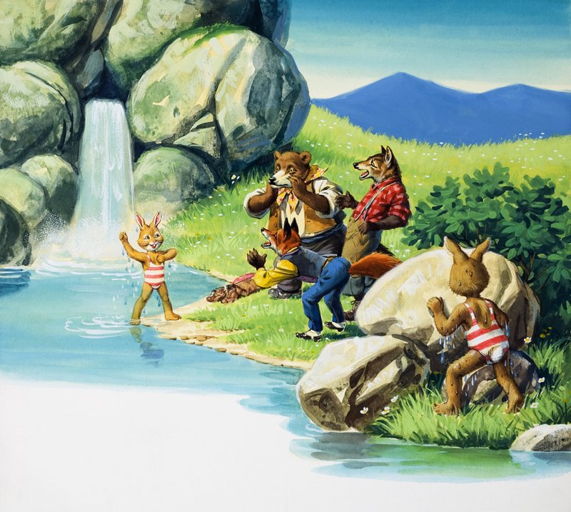 Brer Rabbit nadando (gouache sobre papel) de English School