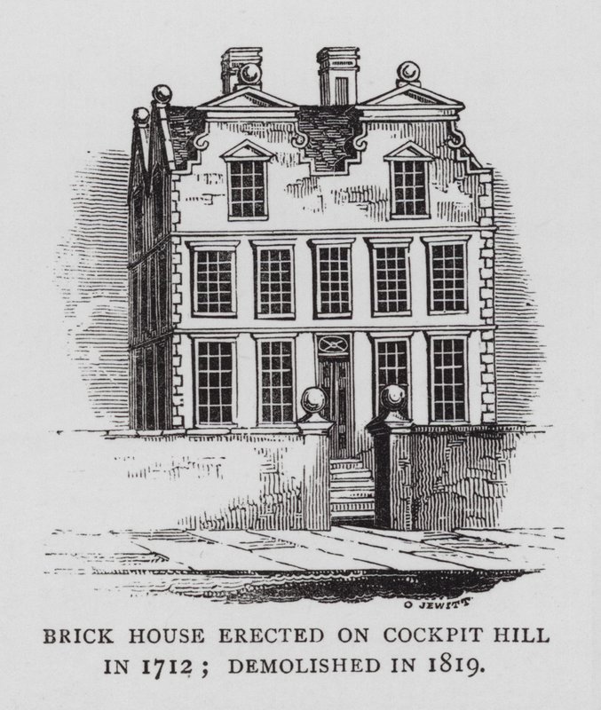 Casa de ladrillo erigida en Cockpit Hill en 1712; demolida en 1819 de English School