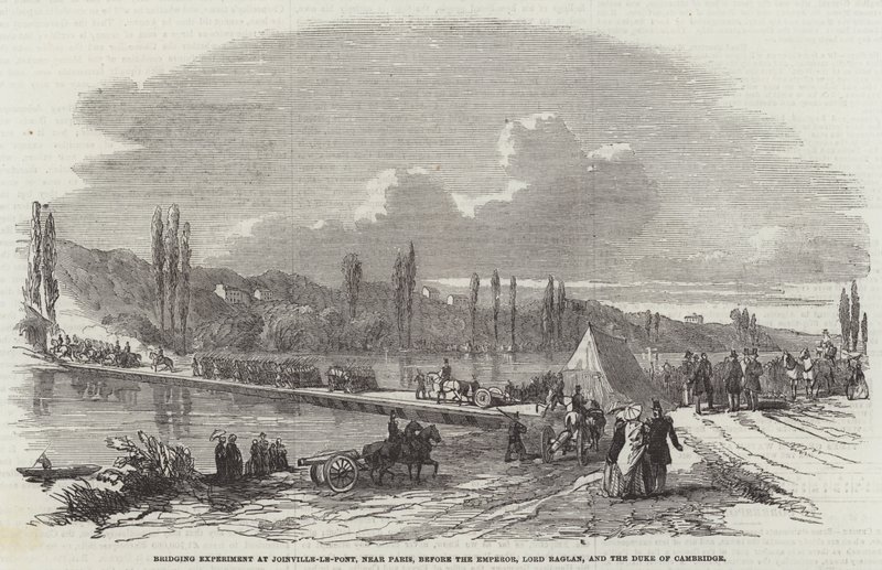 Experimento de Puente en Joinville-le-Pont, cerca de París, ante el Emperador, Lord Raglan y el Duque de Cambridge (grabado) de English School