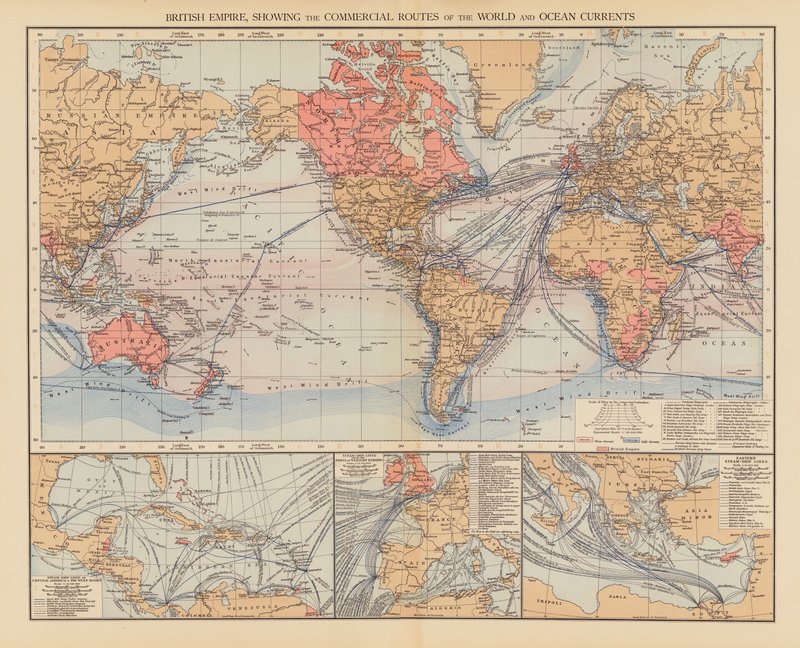 Imperio Británico, mostrando las rutas comerciales del mundo y las corrientes oceánicas (litografía en color) de English School