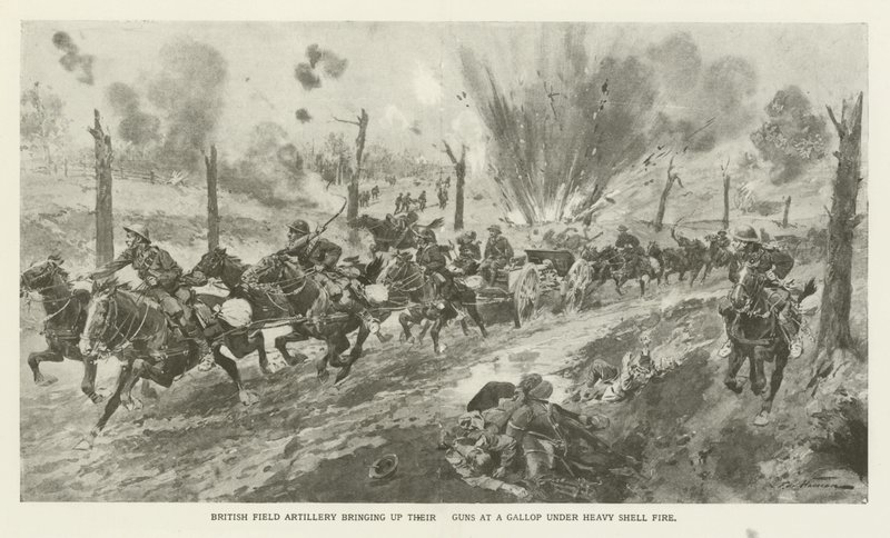 Artillería de campo británica trayendo sus cañones a galope bajo intenso fuego de artillería, Primera Guerra Mundial de English School