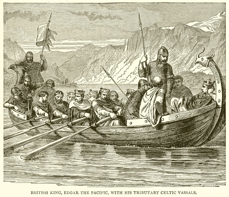 Rey británico, Edgar el Pacífico, con sus vasallos celtas tributarios de English School