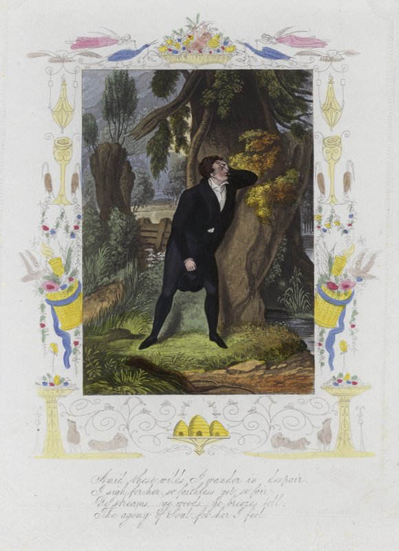 Tarjeta de San Valentín británica con la imagen de un hombre angustiado de pie junto al tronco de un árbol de English School