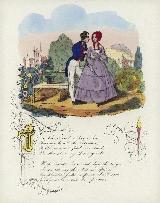 Tarjeta de San Valentín británica con la imagen de un hombre y una mujer caminando en un jardín de English School