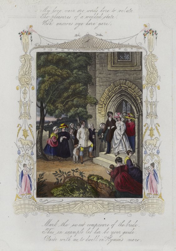 Tarjeta de San Valentín británica con la imagen de una fiesta de bodas saliendo de una iglesia de English School