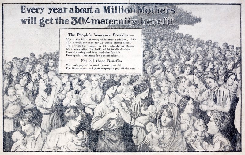 Tarjeta británica promoviendo el beneficio de maternidad pagado por el Seguro Nacional introducido por el Canciller Liberal del Exchequer David Lloyd George de English School