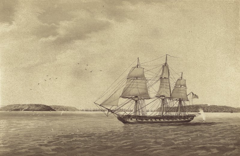 Fragata británica HMS Fisgard, al mando del capitán Thmas Byam Martin, en reconocimiento frente a Brest, Francia (litografía) de English School