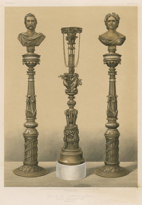 Candelabro de bronce, Manufactura Real, Berlín (cromolito) de English School