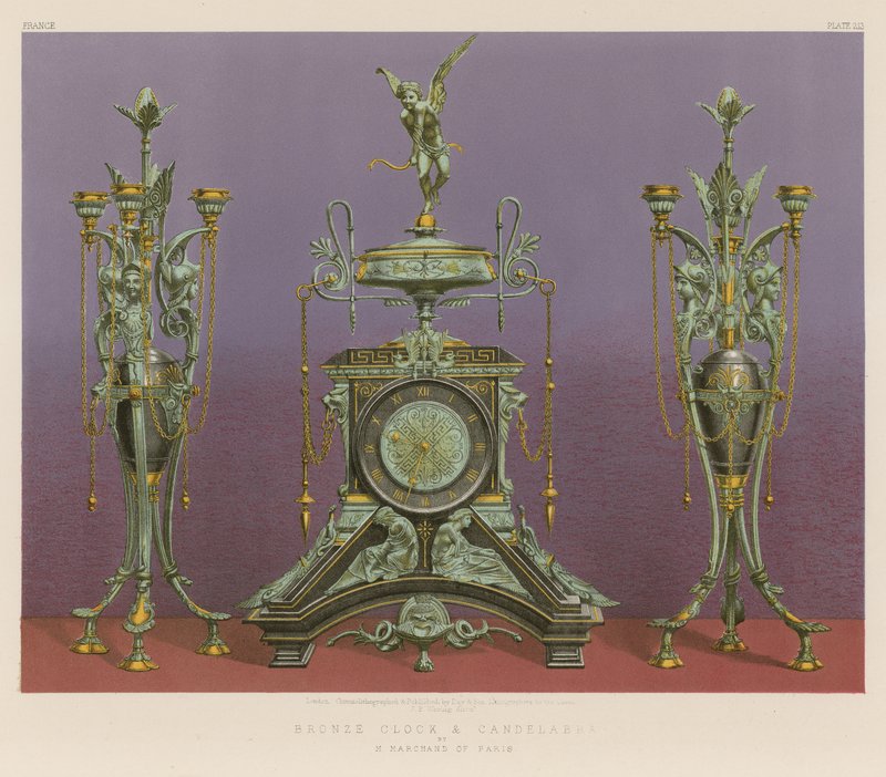 Reloj y candelabro de bronce de M Marchand de París (cromolito) de English School