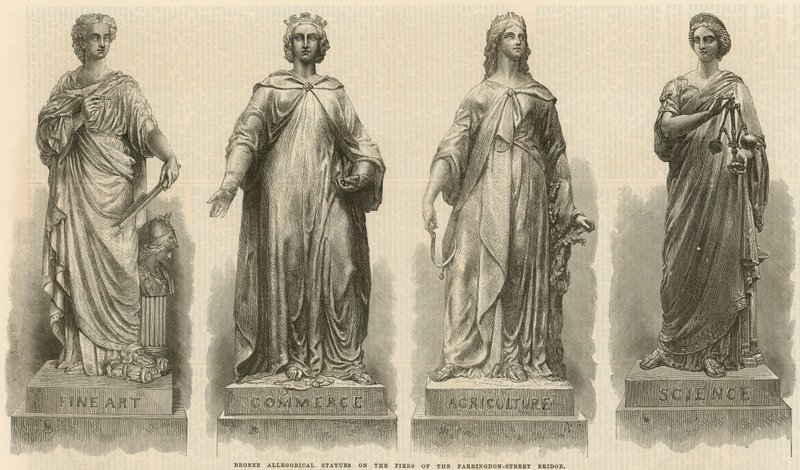 Estatuas alegóricas de bronce en los pilares del puente de Farringdon Street (grabado) de English School