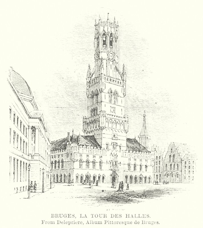 Brujas, Torre Halles (grabado) de English School