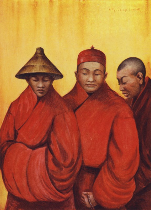 Monjes budistas con sombrero. (litografía en color) de English School