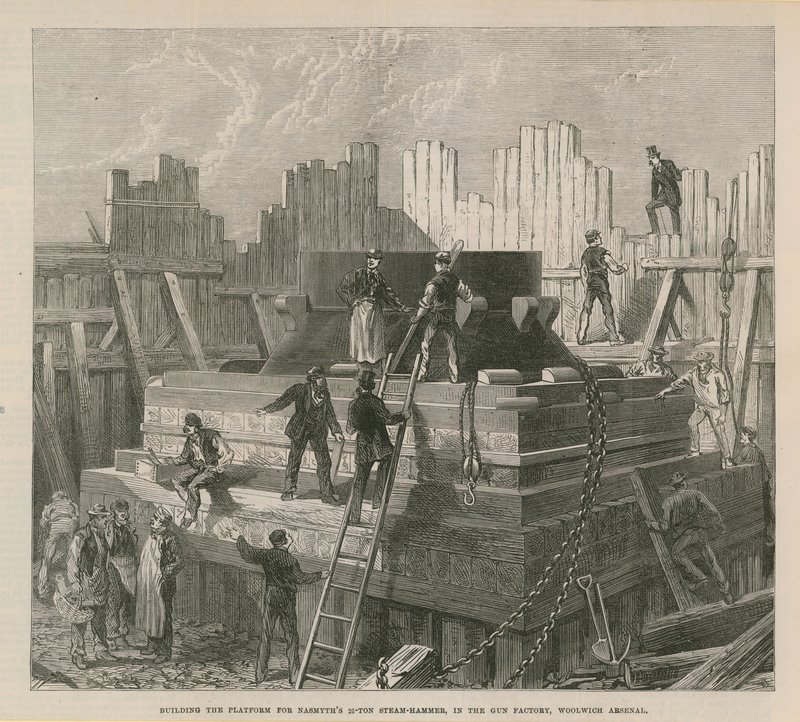Construcción de la plataforma para el martillo de vapor de 25 toneladas de Nasmyth de English School