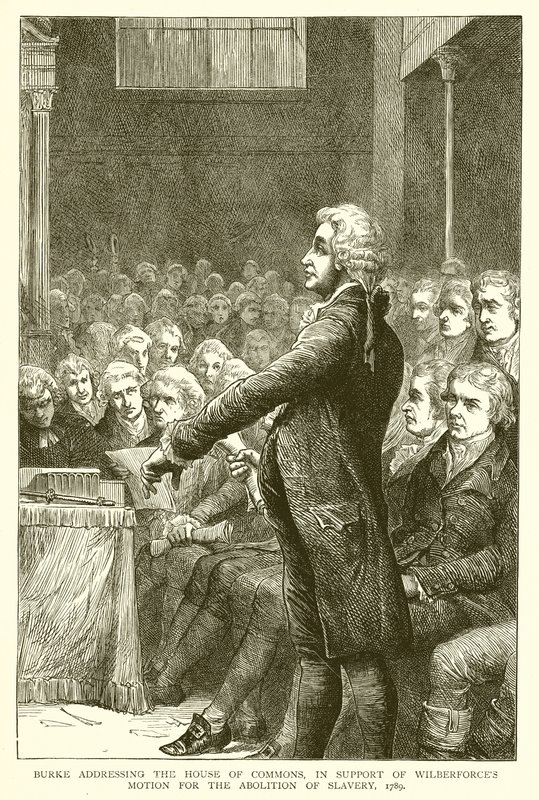 Burke dirigiéndose a la Cámara de los Comunes, en apoyo de la moción de Wilberforce para la abolición de la esclavitud de English School