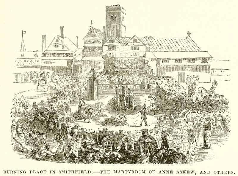Palacio en llamas en Smithfield. El martirio de Anne Askew y otros de English School