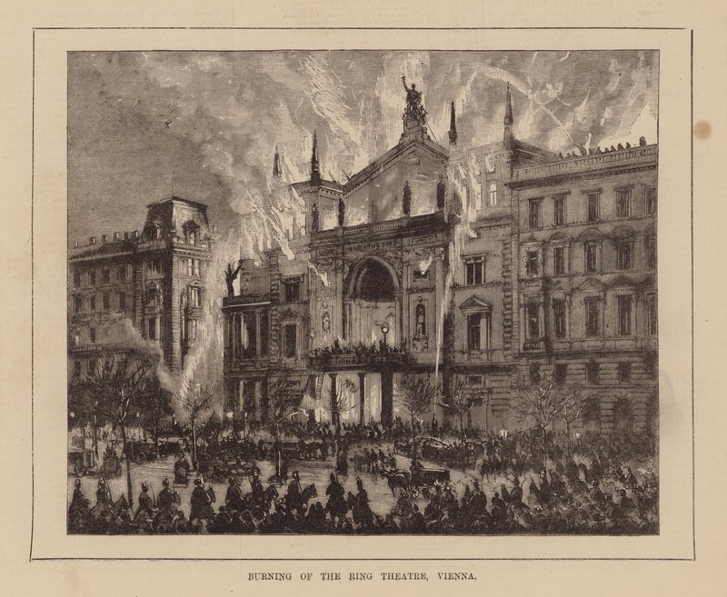 Quema del Teatro del Ring, Viena (grabado) de English School