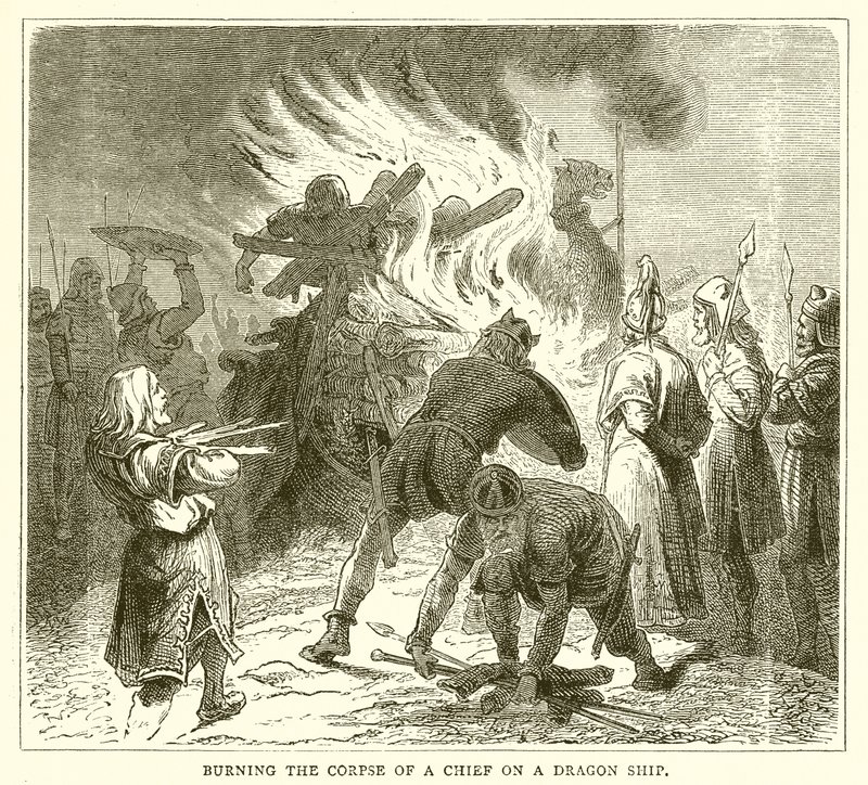 Quema del cadáver de un jefe en un barco dragón de English School