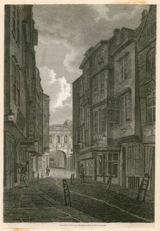 Butcher Row, vista desde Temple Bar, basado en un dibujo de Edward Dayes, 9 de junio de 1796 de English School