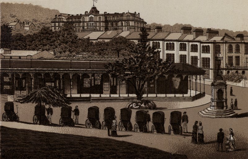 Buxton: Baños Termales y Columnata (litografía) de English School