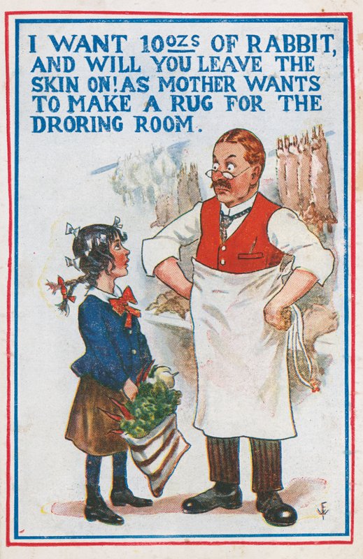 Comprando conejo en la carnicería (litografia en color) de English School