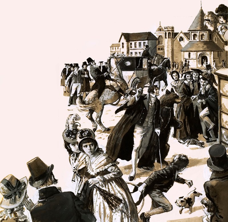 Byron causó un gran revuelo con su oso mascota en las calles de Cambridge (gouache sobre papel) de English School