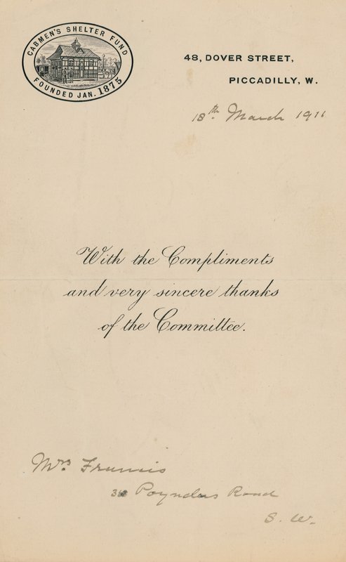 Refugio de cocheros Fun, fundado en enero de 1875. Carta de English School