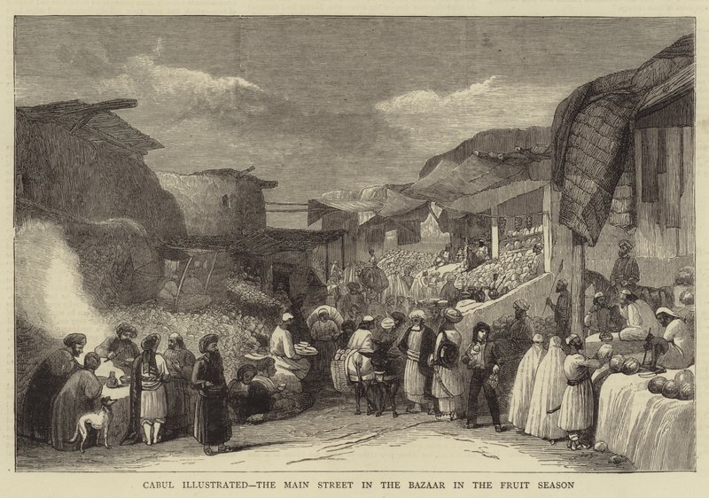 Cabul ilustrado, la calle principal en el bazar en la temporada de frutas de English School