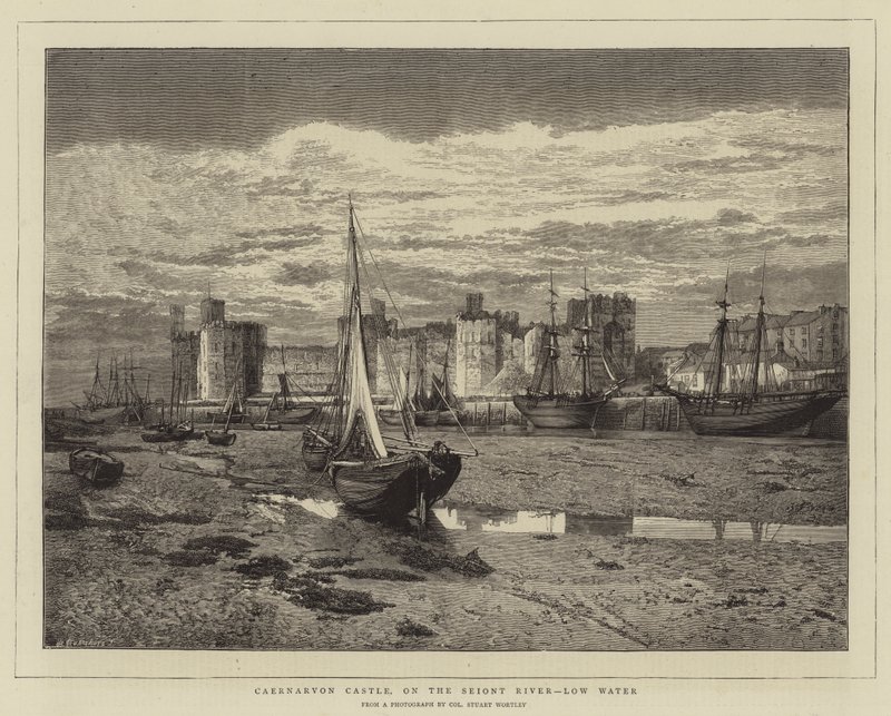 Castillo de Caernarvon, en el río Seiont, marea baja (grabado) de English School
