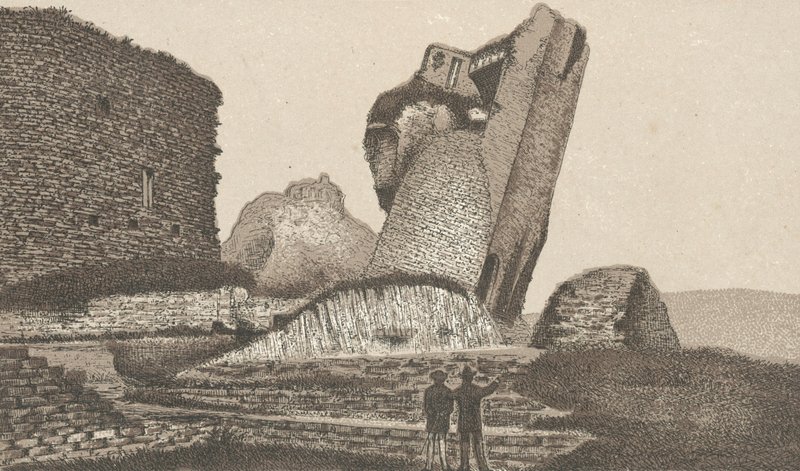 Castillo de Caerphilly, torre inclinada (lito) de English School