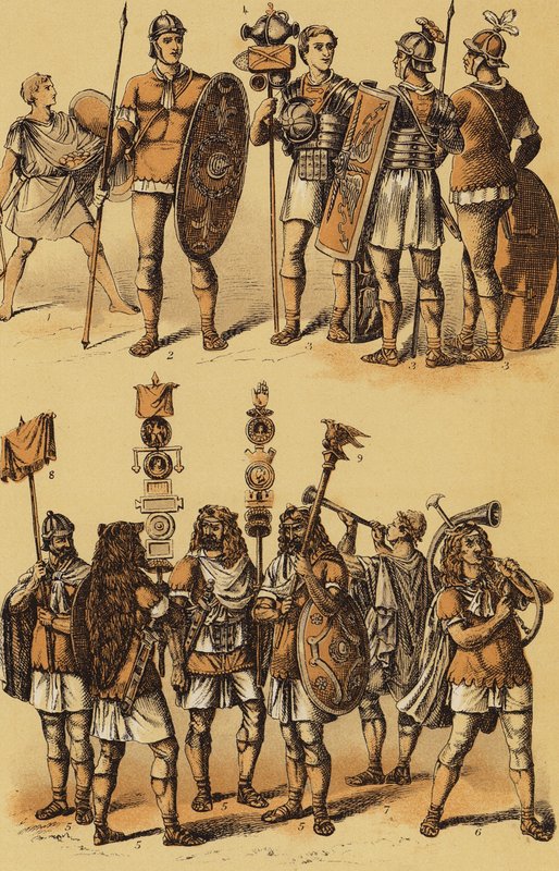 César, Guerra de las Galias: soldados romanos (litografía en color) de English School