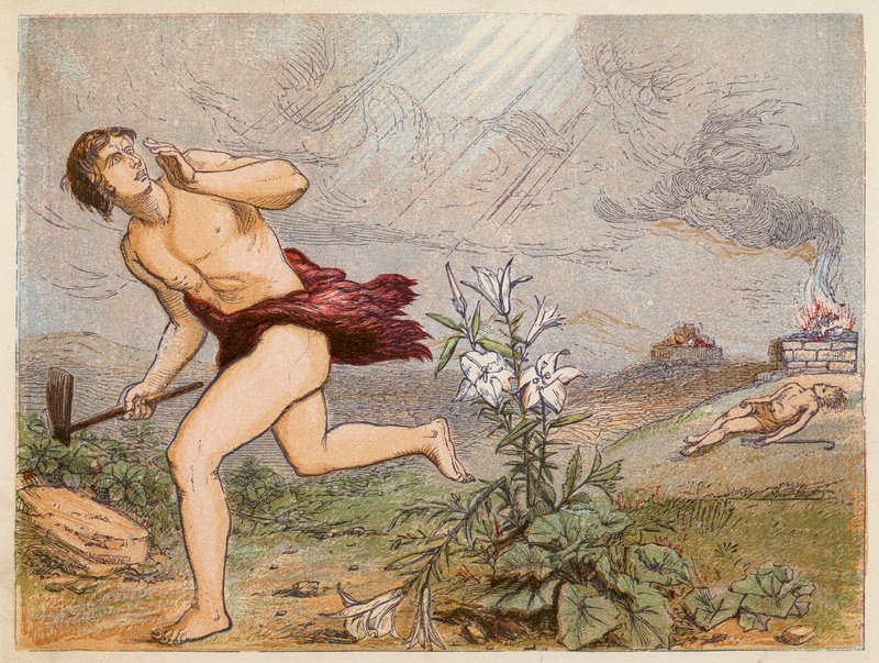 El asesinato de Abel por Caín (litografía en color) de English School