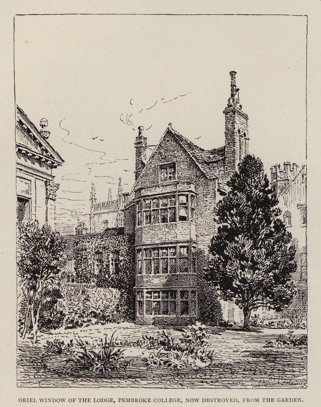 Cambridge: Ventana Oriel de la Logia, Pembroke College, ahora destruida, desde el Jardín de English School