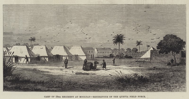 Campamento del 59º Regimiento en Mooltan, Punto de Encuentro de la Fuerza de Campo de Quetta (grabado) de English School