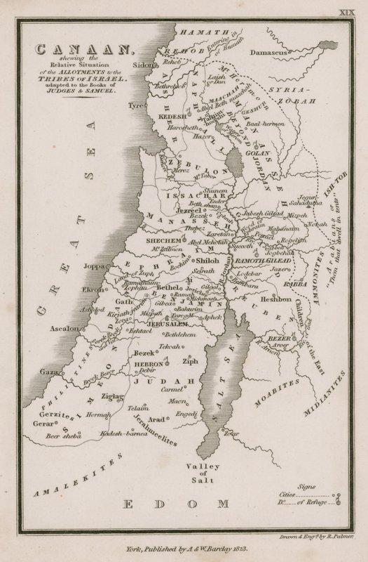 Canaán, mostrando la Situación Relativa de las Asignaciones a las Tribus de Israel, adaptado a los Libros de Jueces y Samuel de English School