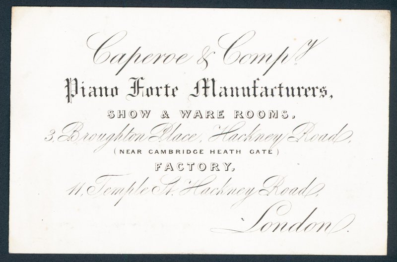 Caperoe & Company, fabricantes de pianos, tarjeta comercial de English School