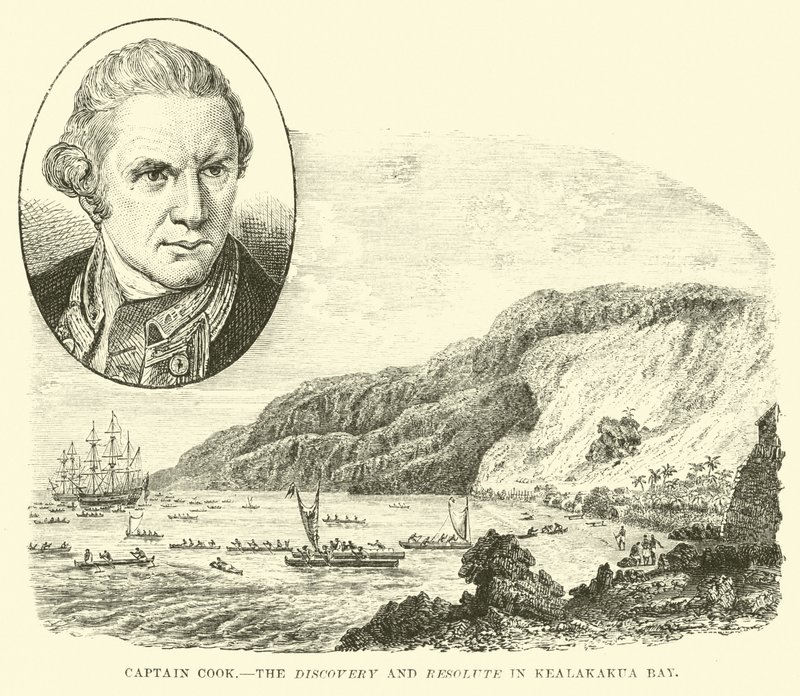 Capitán Cook, el Discovery y Resolute en la bahía de Kealakekua de English School