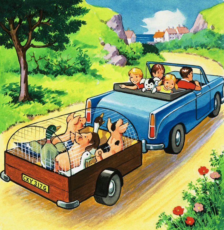 Coche tirando de un remolque de animales de granja de English School