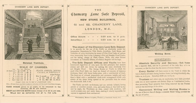 Tarjeta publicitaria del Depósito Seguro de Chancery Lane, 61-62 Chancery Lane, Londres de English School