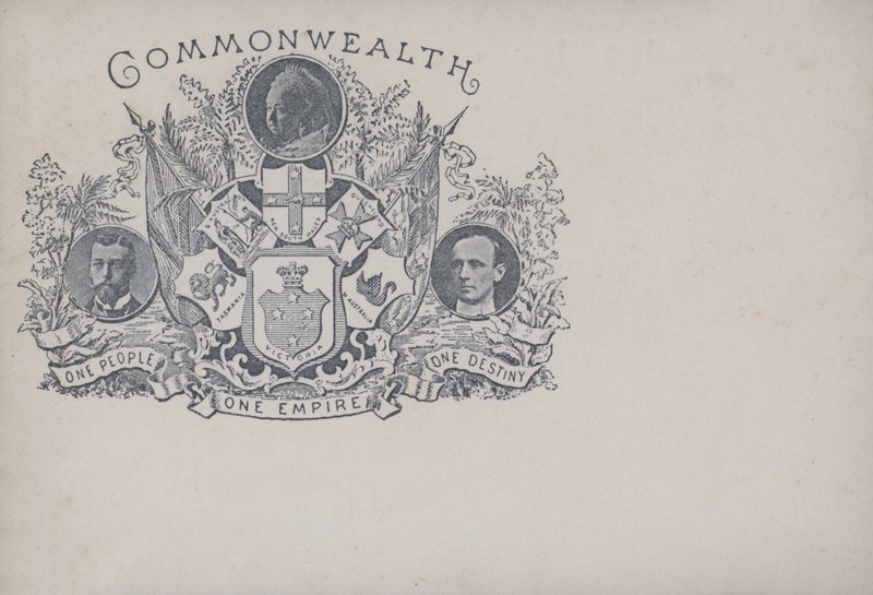 Tarjeta celebrando la Commonwealth y Australia, finales del siglo XIX de English School