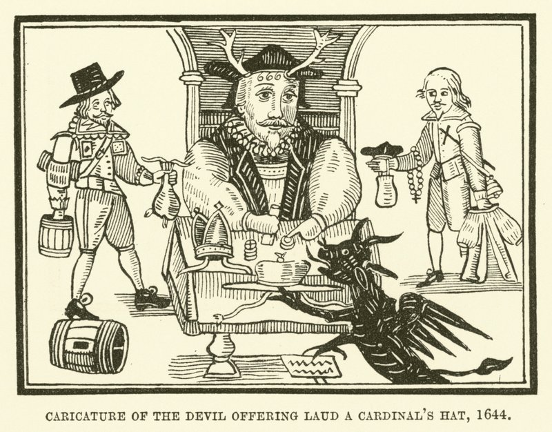 Caricatura del diablo ofreciendo a Laud un sombrero de cardenal de English School