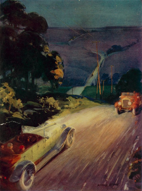 Coches que pasan de noche (litografía en color) de English School