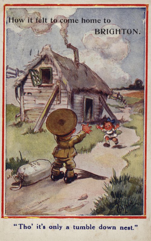 Tarjeta postal de propaganda de dibujos animados de un niño soldado regresando a una niña y una casa destruida de English School