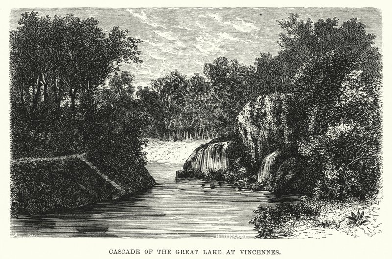 Cascada del Gran Lago en Vincennes (grabado) de English School