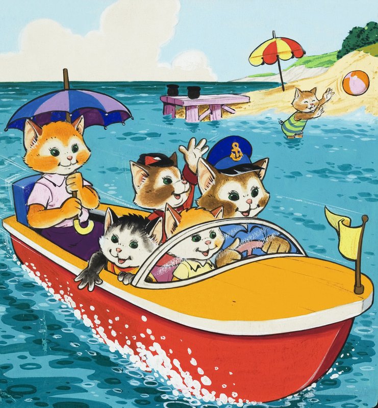 Familia de gatos en lancha motora de English School