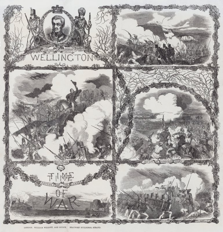 Celebración de las victorias del duque de Wellington en el sitio de Seringapatam (1799), la derrota de Dhondia Wagh (1800), la batalla de Assaye (1803) y la batalla de Waterloo (1815) (grabado) de English School