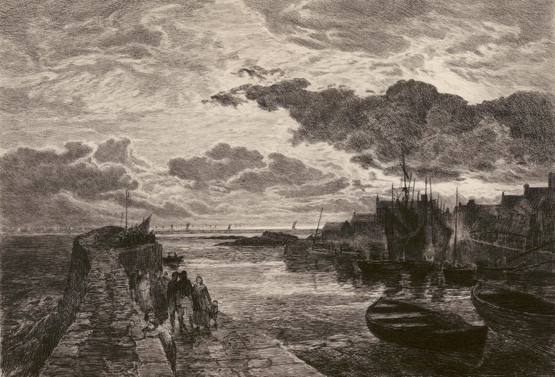 Puerto de Cellardyke, grabado por Chauvel, según Sam Bough (litografía) de English School