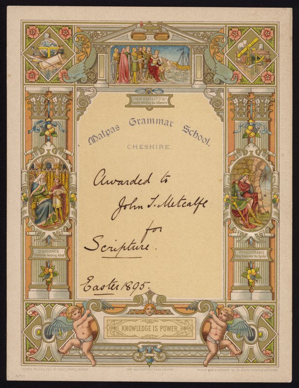 Certificado de escritura otorgado a un alumno de Malpas Grammar School, Cheshire de English School