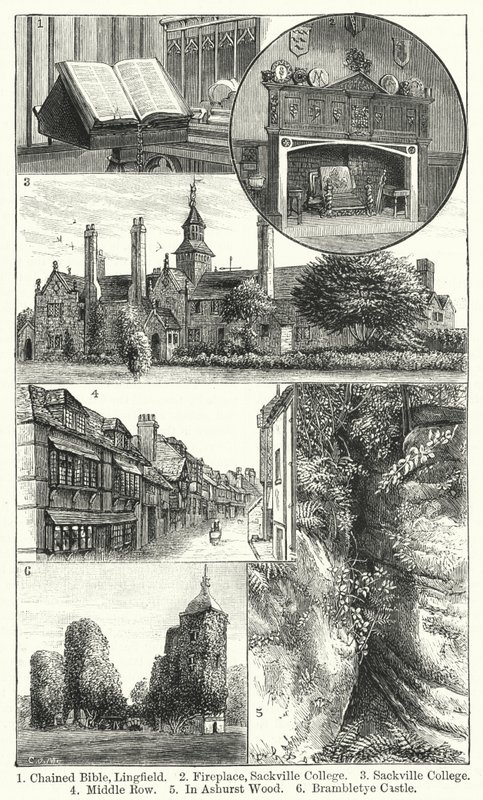 Biblia encadenada, Lingfield; Chimenea, Colegio Sackville; Colegio Sackville; Middle Row; En Ashurst Wood; Castillo Brambletye de English School